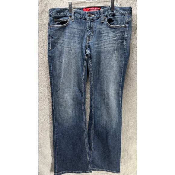 Vtg Y2K GUESS Women’s 30 Foxy Flare Low Rise Dark Distressed Blue Jeans Fairy - Picture 1 of 8